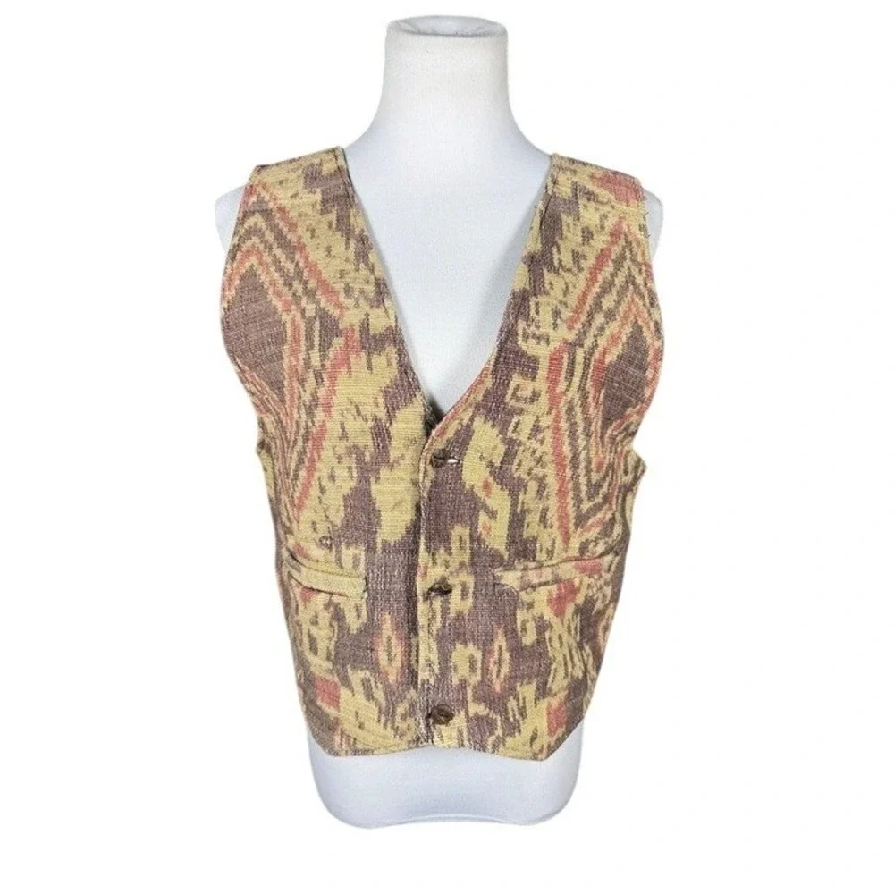 Hand Made Indonesia Woven Ikat Vest Brown Tan Red Boho Waistcoat‎ Mens Womens M